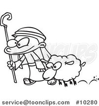 Cartoon Black and White Line Drawing of a Shepherd and Sheep by Toonaday