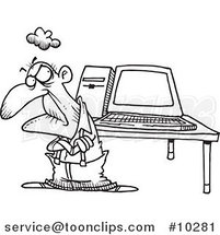 Cartoon Black and White Line Drawing of an Old Geezer with a Computer by Toonaday