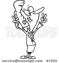 Cartoon Black and White Outline Design of a Victorious Business Woman Gesturing with Her Hands by Toonaday