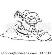 Cartoon Black and White Line Drawing of a Lady Shoveling Snow by Toonaday