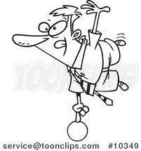 Cartoon Black and White Line Drawing of a Show off Business Man Balanced on a Ball by Toonaday