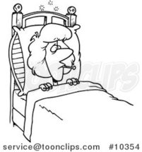 Cartoon Black and White Line Drawing of a Sick Lady in Bed by Toonaday