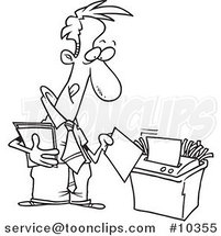 Cartoon Black and White Line Drawing of a Business Man Using a Shredder by Toonaday