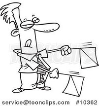 Cartoon Black and White Line Drawing of a Business Man Signaling with Flags by Toonaday