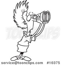 Cartoon Black and White Line Drawing of a Shocked Business Woman Using Binoculars by Toonaday