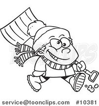 Cartoon Black and White Line Drawing of a Winter Boy Carrying a Snow Shovel by Toonaday