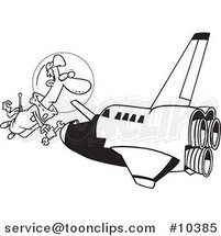 Cartoon Black and White Line Drawing of a Shuttle Mechanic Working by Toonaday