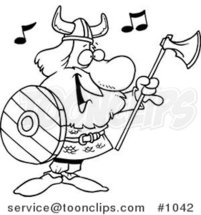 Cartoon Black and White Outline Design of a Viking Holding an Ax and Shield and Singing by Toonaday