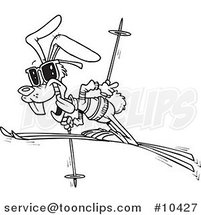 Cartoon Black and White Line Drawing of a Ski Rabbit by Toonaday