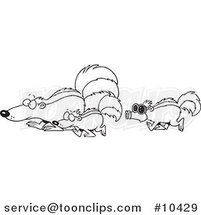 Cartoon Black and White Line Drawing of a Skunk Wearing a Mask and Following Others by Toonaday
