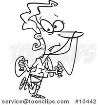Cartoon Black and White Line Drawing of a Lady Tangled in Jump Rope by Toonaday