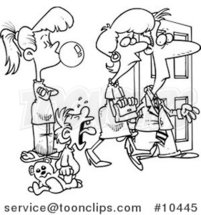 Cartoon Black and White Line Drawing of a Babysitter Watching Parents Leave by Toonaday