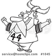 Cartoon Black and White Outline Design of a Viking Fan Wearing a Helmet and Cheering by Toonaday