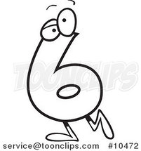 Cartoon Black and White Line Drawing of a Number Six 6 Character by Toonaday