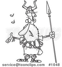 Cartoon Black and White Outline Design of a Skinny Viking Holding a Spear and Singing by Toonaday