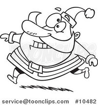 Cartoon Black and White Line Drawing of a Running Santa by Toonaday