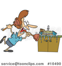 Cartoon Lady Tackling a Sink with a Plunger by Toonaday