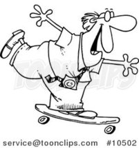 Cartoon Black and White Line Drawing of a Business Man Skateboarding by Toonaday