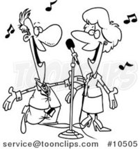 Cartoon Black and White Line Drawing of a Couple Singing by Toonaday