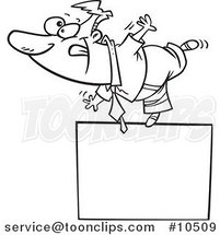 Cartoon Black and White Line Drawing of a Business Man Balanced on a Blank Sign by Toonaday