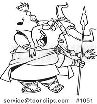 Cartoon Black and White Outline Design of a Female Viking Singing a Song and Holding a Spear by Toonaday