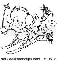 Cartoon Black and White Line Drawing of a Baby Girl Skiing by Toonaday