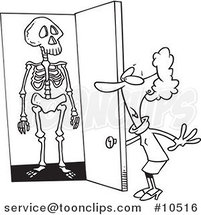 Cartoon Black and White Line Drawing of a Skeleton in a Lady's Closet by Toonaday