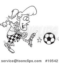 Cartoon Black and White Line Drawing of a Soccer Girl Kicking by Toonaday