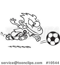 Cartoon Black and White Line Drawing of a Running Soccer Boy by Toonaday