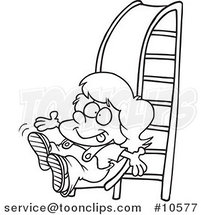 Cartoon Black and White Line Drawing of a Girl on a Slide by Toonaday