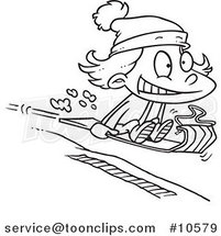 Cartoon Black and White Line Drawing of a Girl Sledding by Toonaday