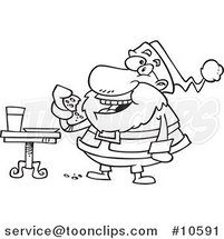 Cartoon Black and White Line Drawing of Santa Eating Cookies by Toonaday