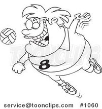 Cartoon Black and White Outline Design of a Chubby Female Volleyball Player Jumping to Hit the Ball by Toonaday