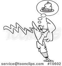 Cartoon Black and White Line Drawing of a Lady Smelling Pie by Toonaday