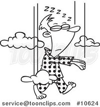 Cartoon Black and White Line Drawing of a Guy Falling While Sleep Walking by Toonaday