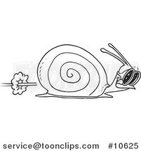 Cartoon Black and White Line Drawing of a Racing Snail by Toonaday