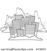 Cartoon Black and White Line Drawing of a City Skyline Against Clouds by Toonaday