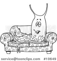 Cartoon Black and White Line Drawing of a Slimy Slug on a Sofa by Toonaday