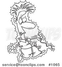 Cartoon Black and White Outline Design of a Business Man Being Electrocuted by a Wire by Toonaday