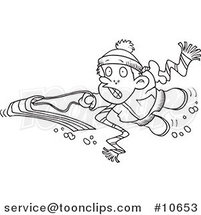 Cartoon Black and White Line Drawing of a Winter Boy Falling off His Sled by Toonaday