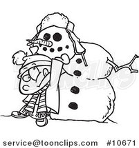 Cartoon Black and White Line Drawing of a Boy Putting a Head on a Snowman by Toonaday