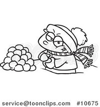 Cartoon Black and White Line Drawing of a Boy Making Snowballs for a Fight by Toonaday