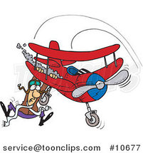 Cartoon Pilot Hanging on His Biplane by Toonaday