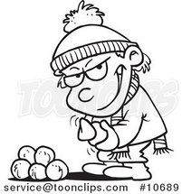 Cartoon Black and White Line Drawing of a Boy Gathering Snowballs for a Fight by Toonaday