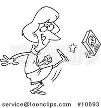 Cartoon Black and White Line Drawing of a Lady Kicking Software by Toonaday