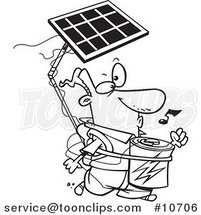 Cartoon Black and White Line Drawing of a Solar Power Guy by Toonaday