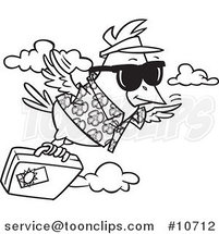 Cartoon Black and White Line Drawing of a Traveling Bird Flying with Luggage by Toonaday