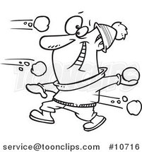 Cartoon Black and White Line Drawing of a Guy in a Snowball Fight by Toonaday