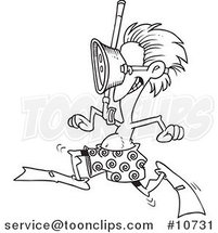 Cartoon Black and White Line Drawing of a Running Snorkeler by Toonaday