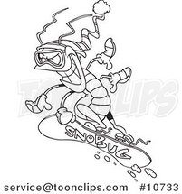 Cartoon Black and White Line Drawing of a Snowboarding Bug by Toonaday